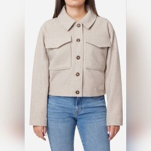 Kensie Womens Trendy Boxy Crop Shirt Jacket LARGE Heathered Almond Shacket